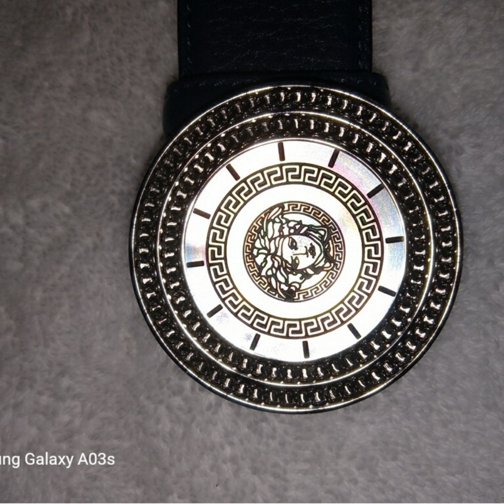 Versace navy blue medallion mens leather belt